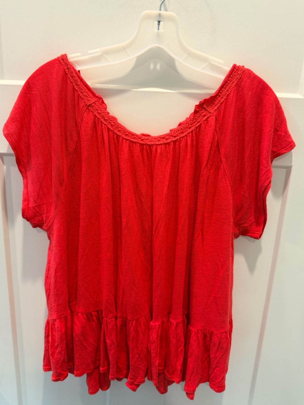 Free People Red Boho Peasant Top Large Flowy Ruffle Button Blouse - Picture 6 of 10